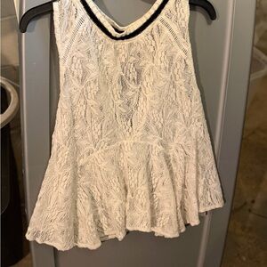 Free People Ivory Lace Peplum Camisole with Black Neck Trim